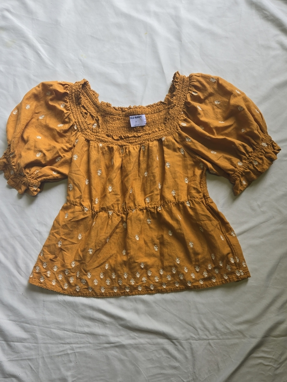 Old Navy Mustard Embroidered Puff-Sleeve Peasant Blouse